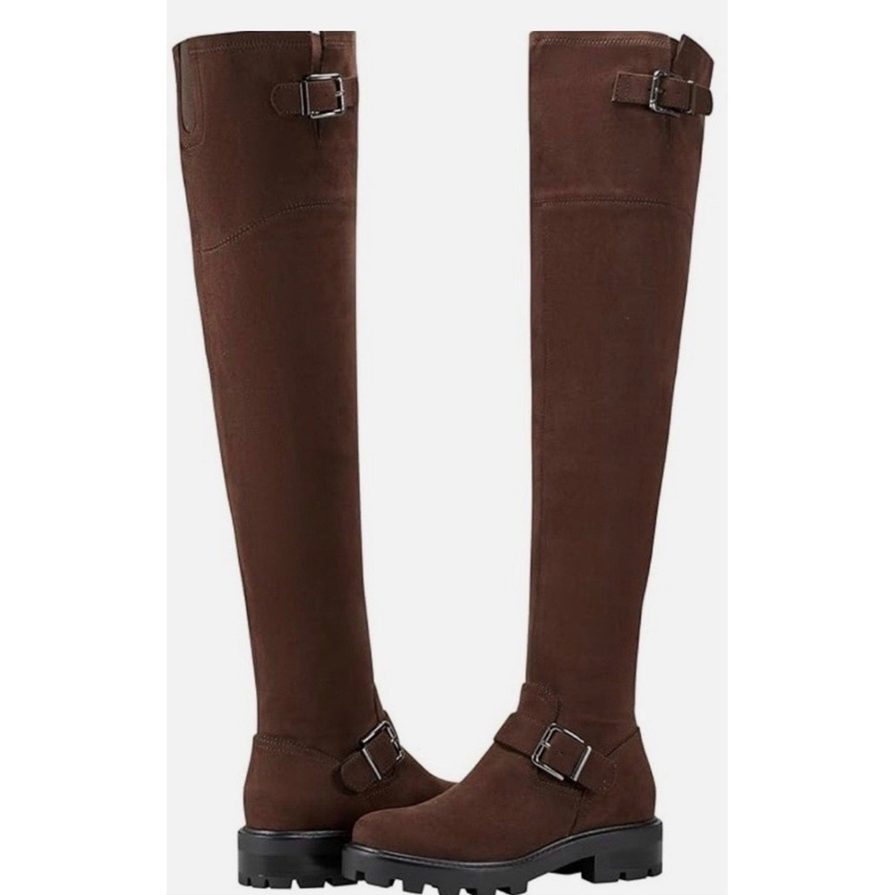 Marc Fisher LTD Ganven Brown Faux Leather Over The Knee Lug Sole Buckle Boot 8.5